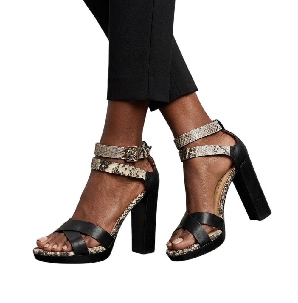 M. Gemi The Nebbia Black Reptile Strap Heeled Sandals Luxury Shoes Leather Sz 9